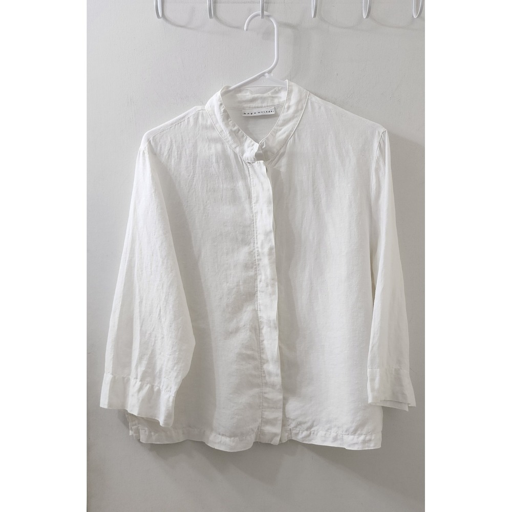 Bryn Walker White 100% Linen Mandarin Collar Button Down Shirt Lagenlook Medium